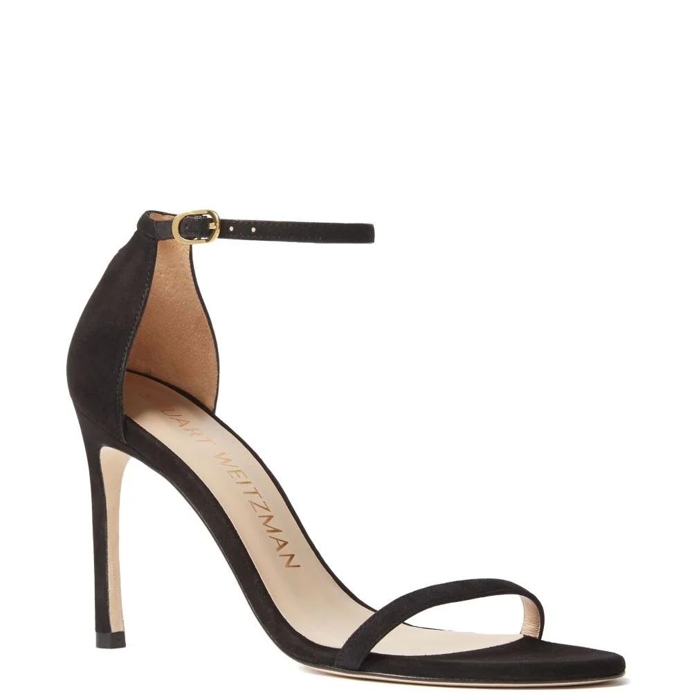 Stuart Weitzman Nudistong Black Leather Ankle Strap Heels 11.5
